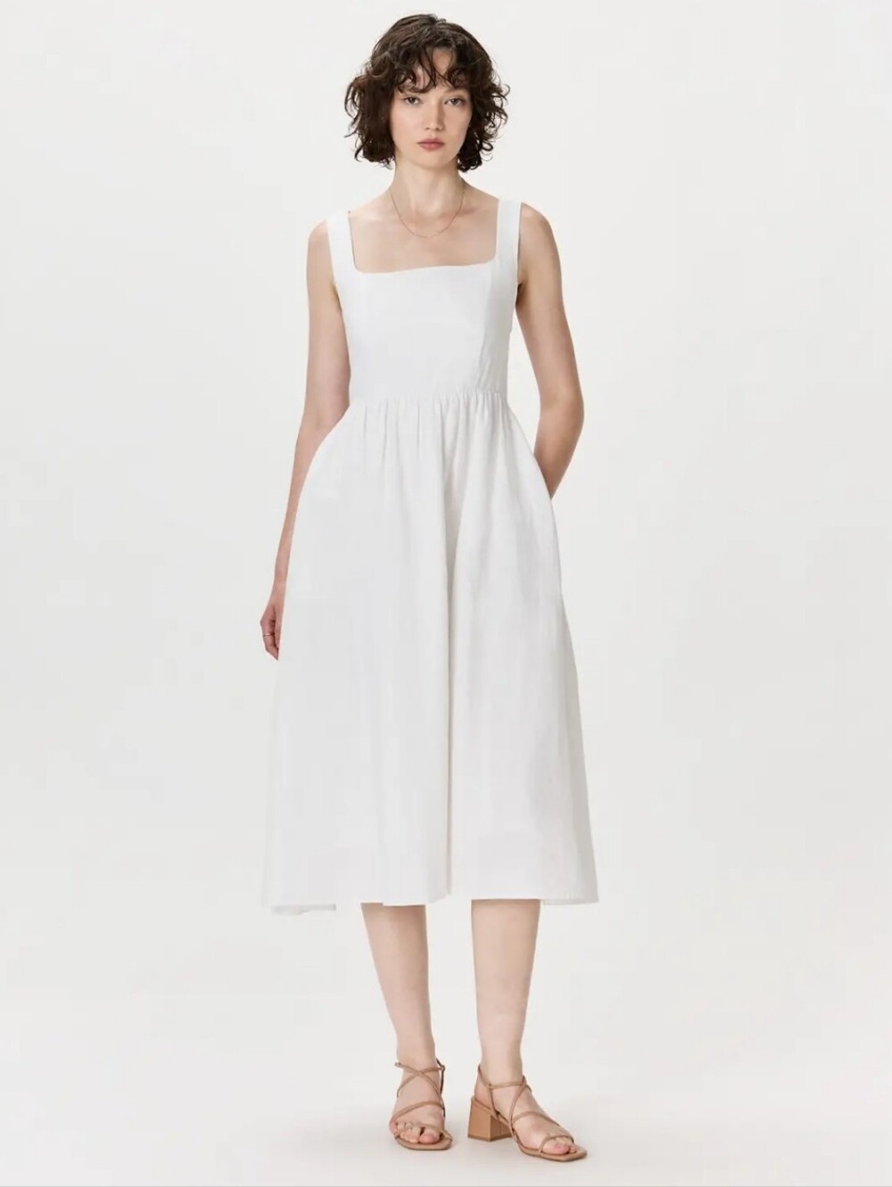 Quince Women's 100% European Linen Fit & Flare Midi Dress, Medium, White